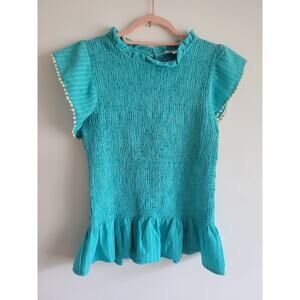 THML Anthropologie Womens Pom Ruffle Sleeve Blouse Size S Pintuck Tourquoise